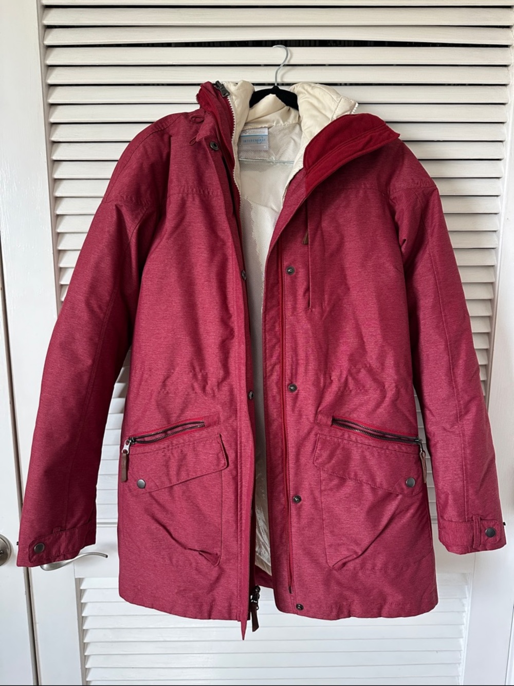 Columbia Red Hooded Parka Jacket with Cream Lining